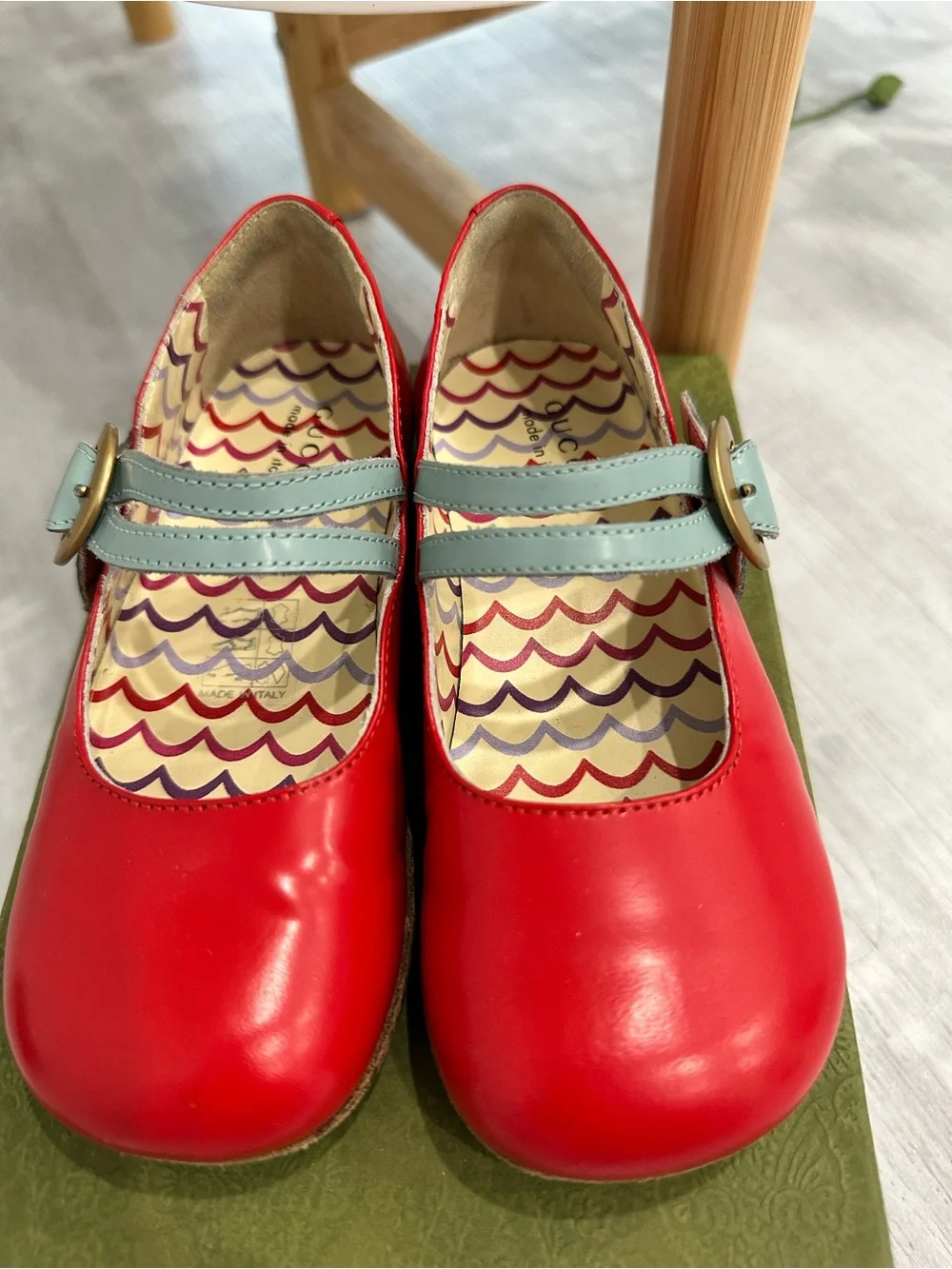 Gucci Red Leather Mary Jane Flats with Light Blue Straps